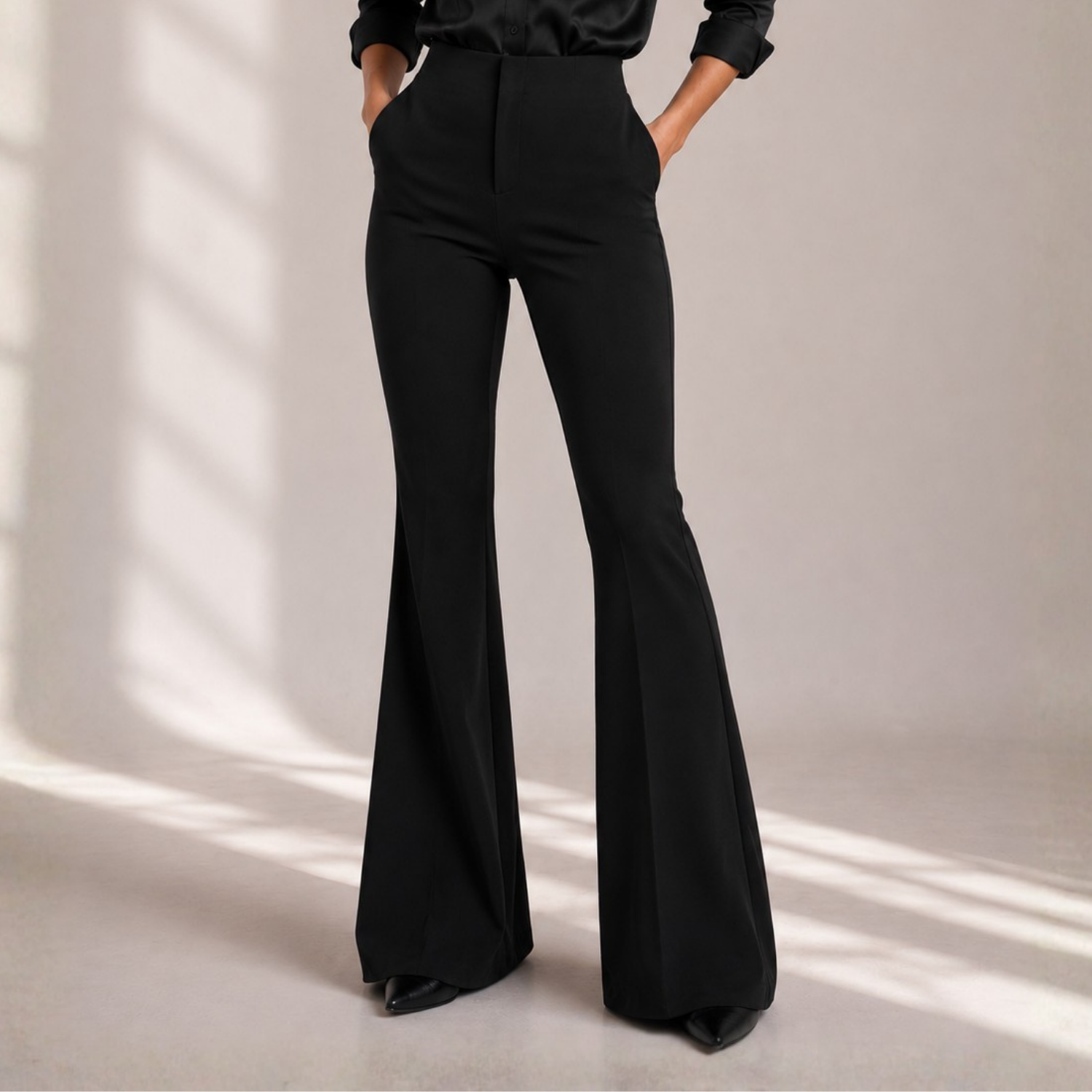 Black High-Waist Flared Pants for Women | Elegant Wide Leg Trousers
