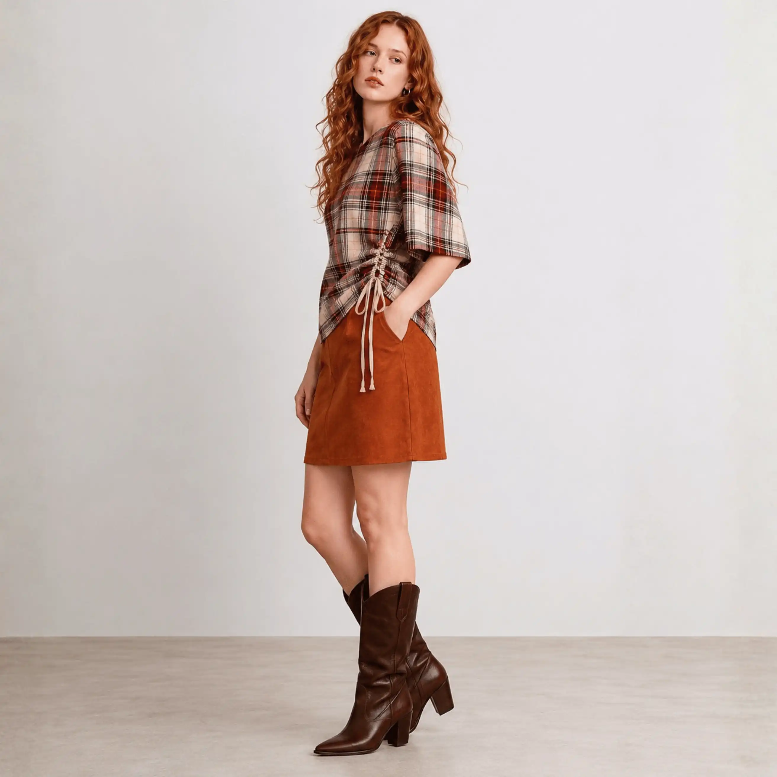 Drawstring Plaid Top